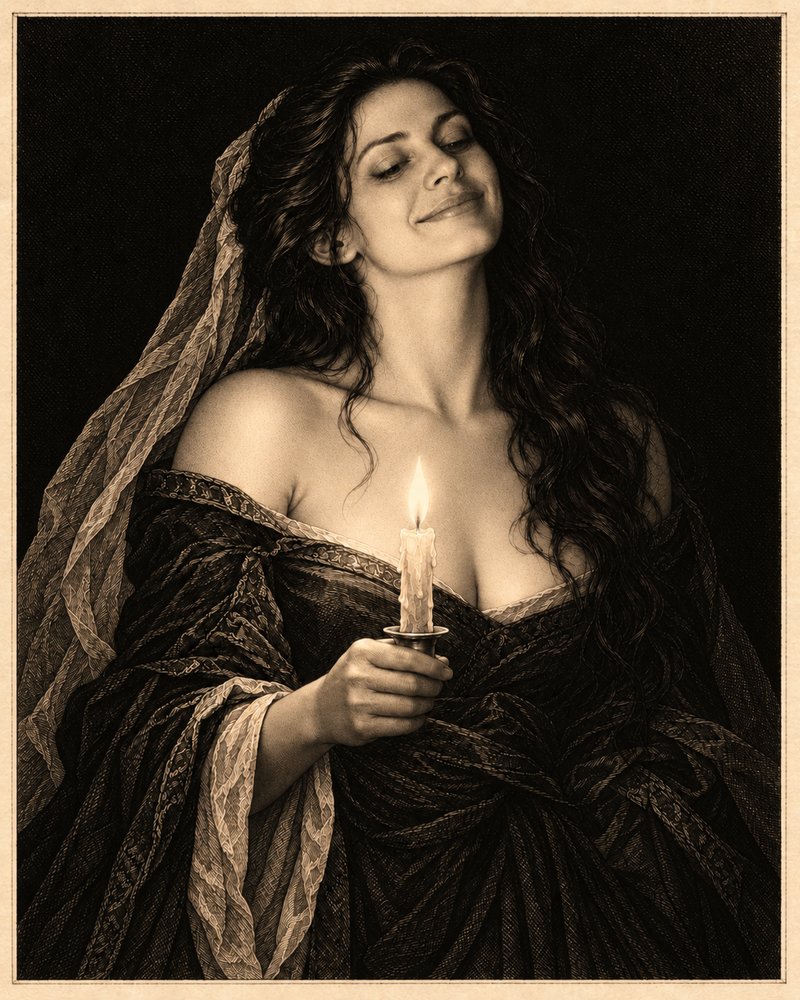 Seraphine Vaelor &mdash; a sorceress holding a lit candle that burns brighter than it should, her head tipped back