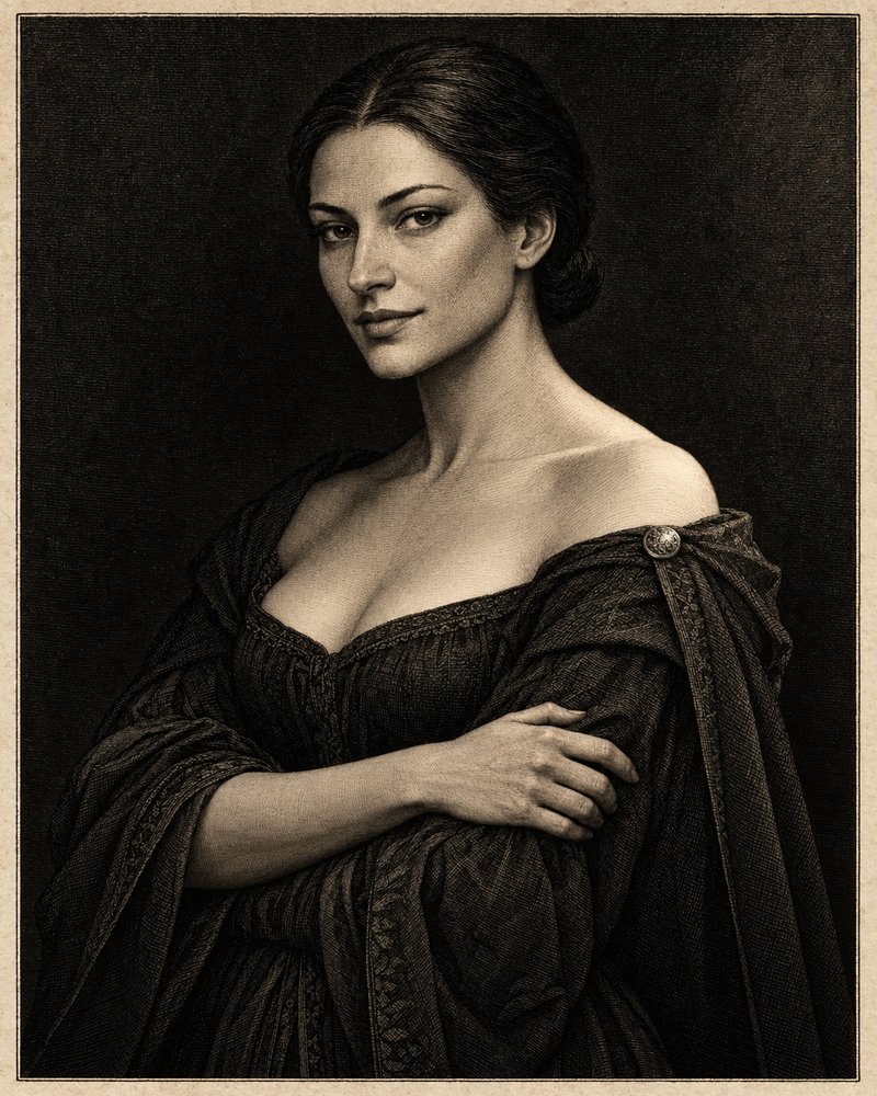 Velis Ardent &mdash; a woman with her arms folded, deliberately rendered a fraction less sharply than everything around her
