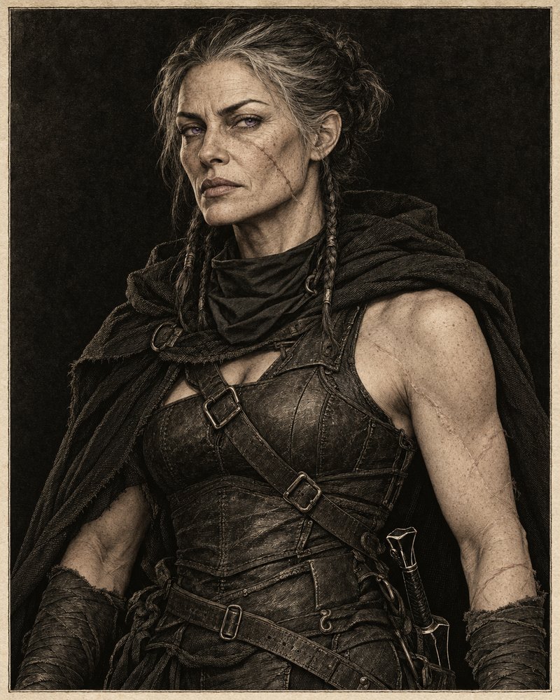 Nyx Virelle &mdash; a weathered senior hunter of fifty-eight in hardened leather, hood pushed back, an old scar at the jaw