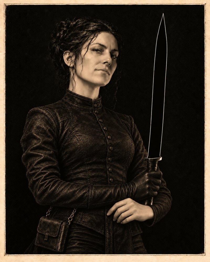 Ileena &mdash; a sorceress in a scarred leather apron inspecting a newly forged blade, lit by a forge mouth