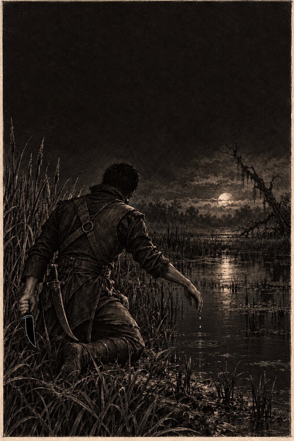 Bleed Before You Hunt &mdash; a hunter crouched at the edge of a black marsh, drawing a small knife across his palm