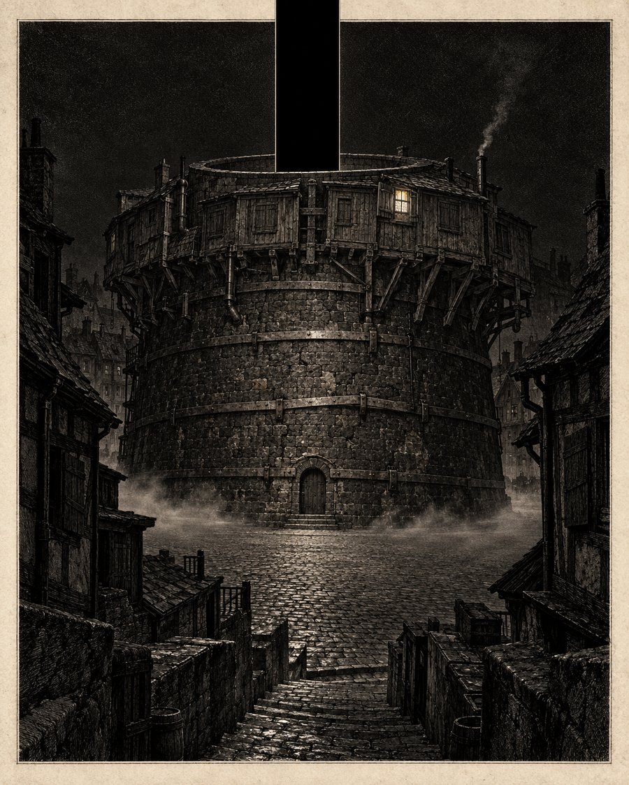 The Dark Tower &mdash; a leaning tower of black stone above fogged rooftops, one window lit near the top