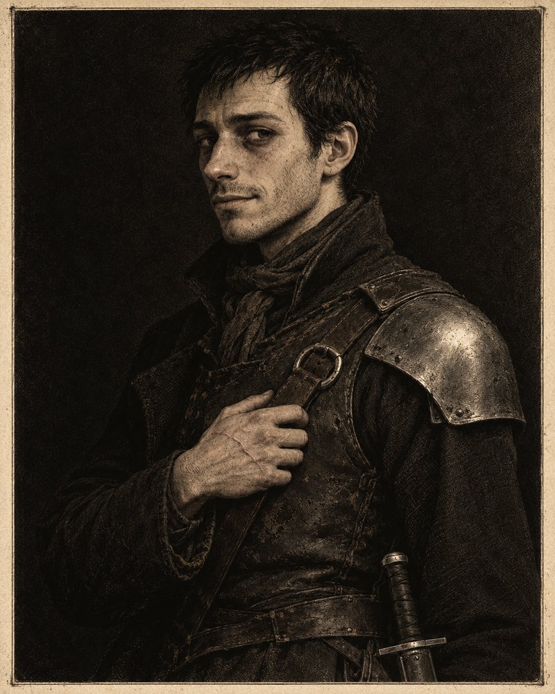 Thorak &mdash; a lean young hunter in a high-collared coat and leather cuirass, lit by a single candle