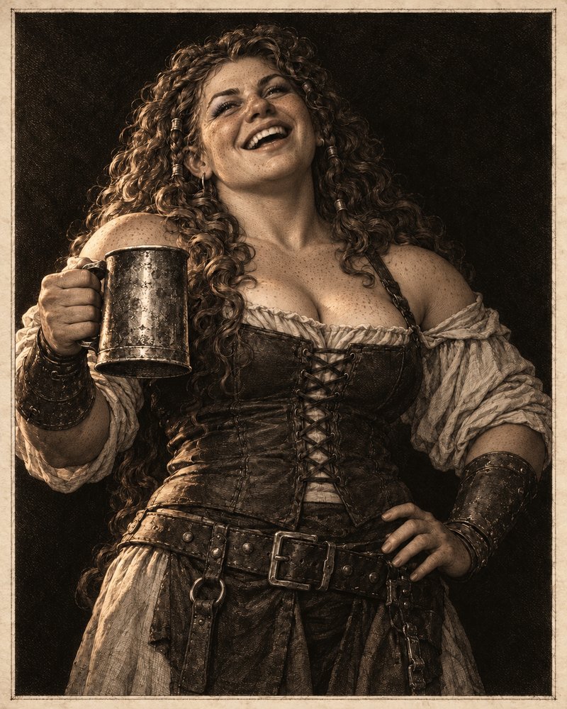 Brynna Emberbraid &mdash; a broad-shouldered dwarf woman mid-laugh, tankard raised, lit by a forge fire out of frame