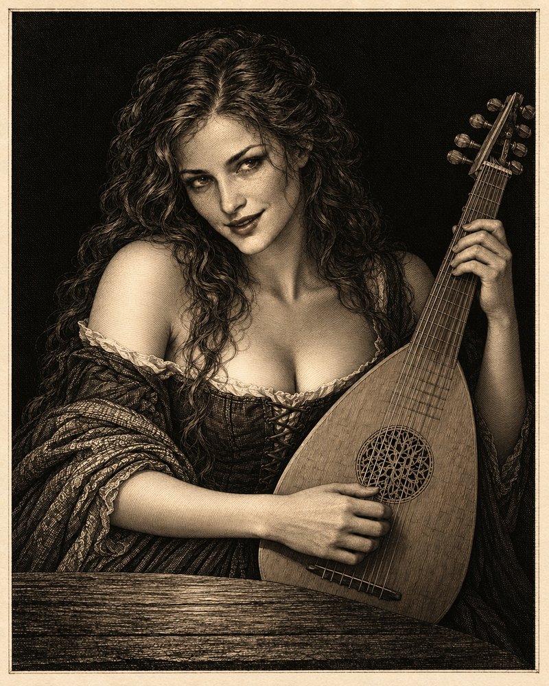 Marielle Thorne &mdash; a bard leaning over a tavern table with her lute, lit by a single candle