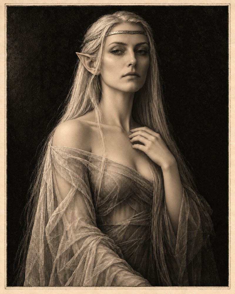 Lythael Moonveil &mdash; an elf woman in sheer layered gauze, a slender band at her brow, lit by a low moon