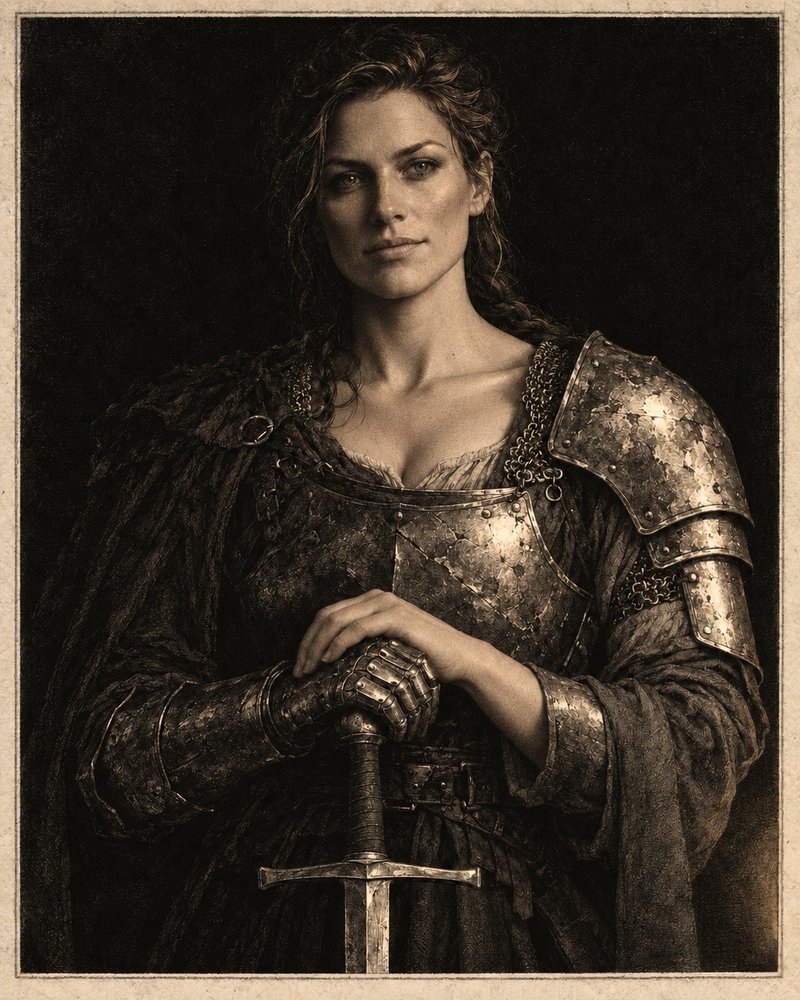 Lady Elowen Draeven &mdash; a knight in a battered pauldron and breastplate, both hands resting on an upright longsword