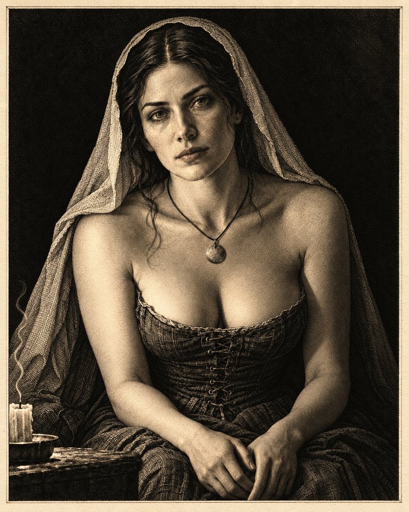 Sister Calis &mdash; a former priestess in a long veil, a pendant with its device filed off at her throat, lit from below by a votive candle