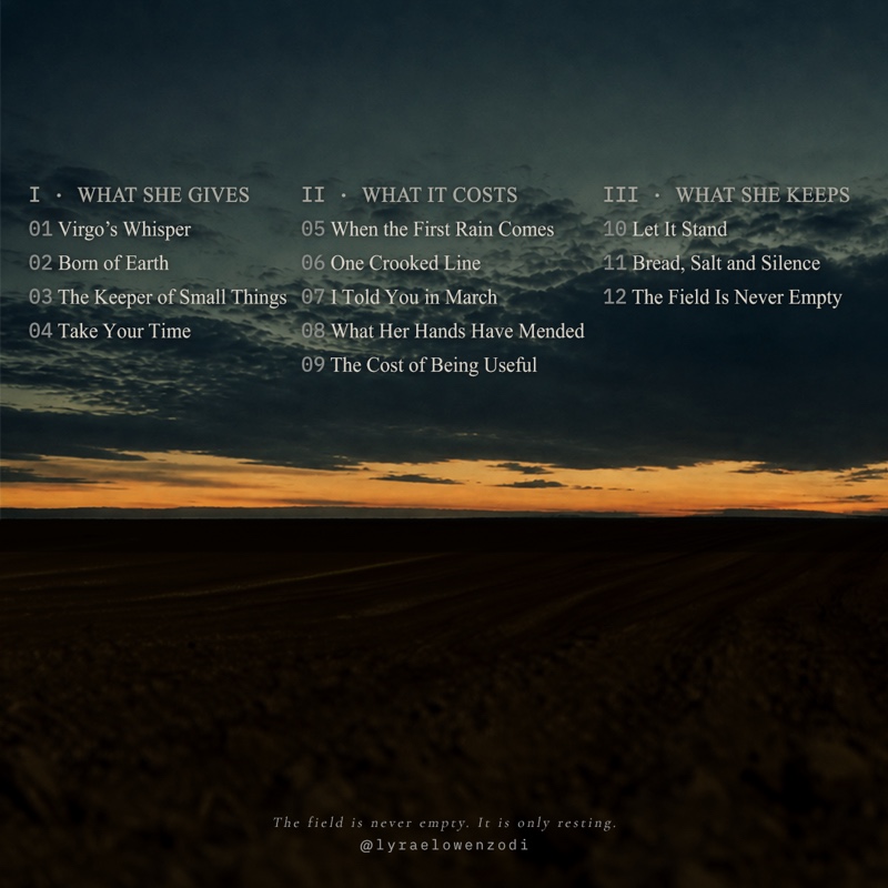 Born of Earth &mdash; back sleeve, with the twelve tracks typeset in three parts